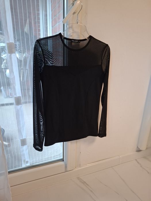 Bluzka S - M Czarna z siateczką długi rękaw pod żakiet na codzień