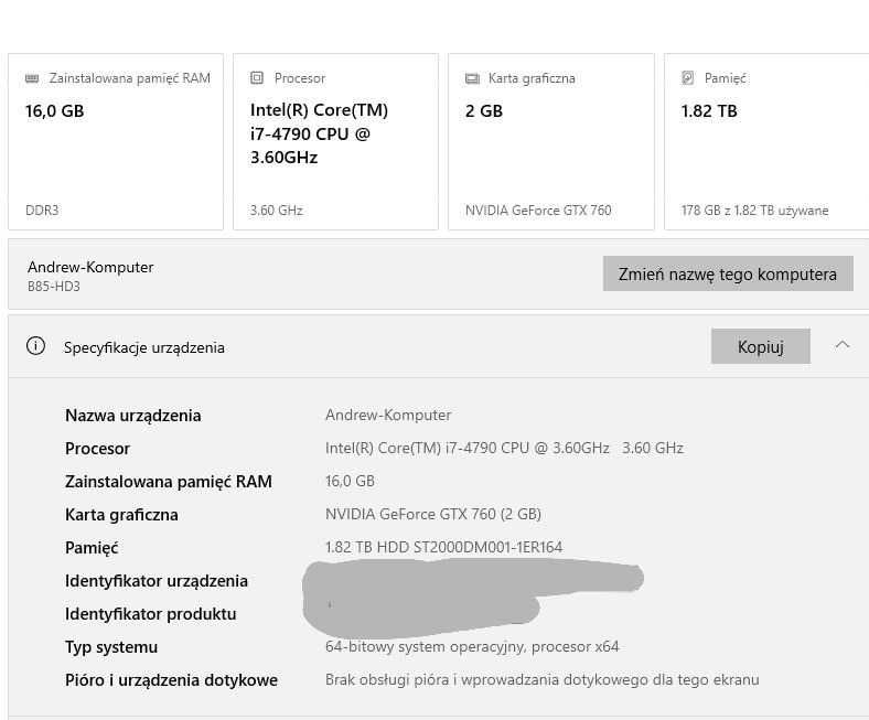 Komputer Intel i7, 16GB, karta MSI Geforce GTX760, dysk HDD 2T