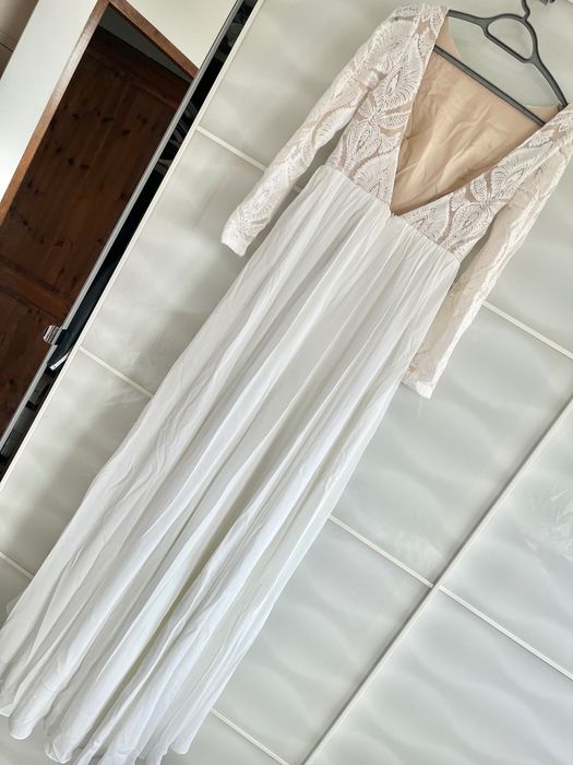 Suknia ślubna boho retro nude ecru koronki odkryte plecy V 38/40