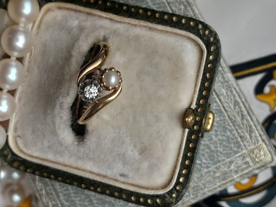 R.16 Pierścionek Paryż Antyk 1910 Złoto 750 Brylant Perła