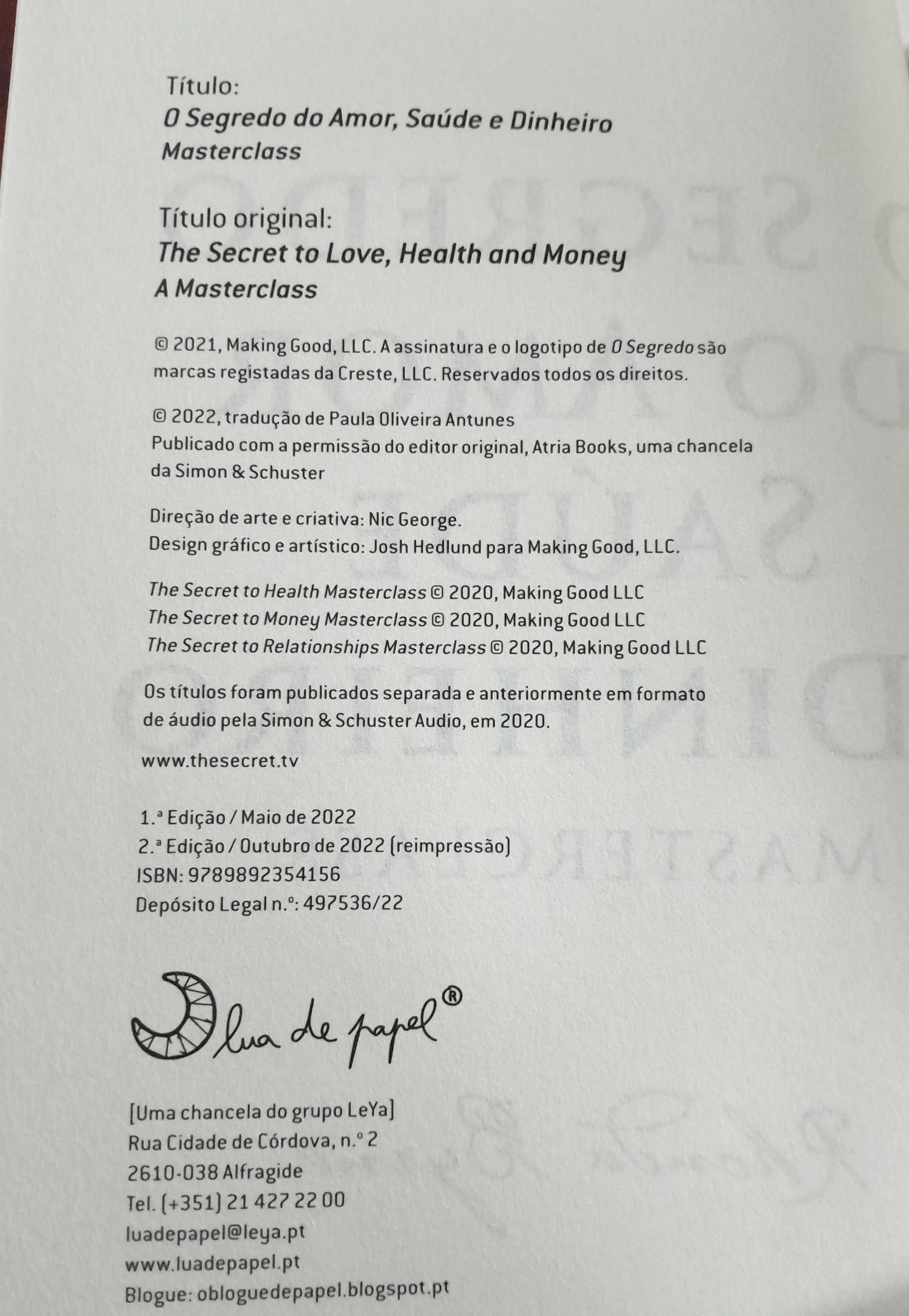 Livro: Rhonda Byrne O Segredo do Amor, Saúde e Dinheiro - Masterclass