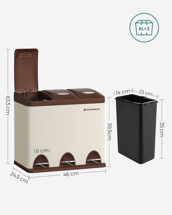 Kosz na śmieci ,3-komorowy ,kremowo-brązowy