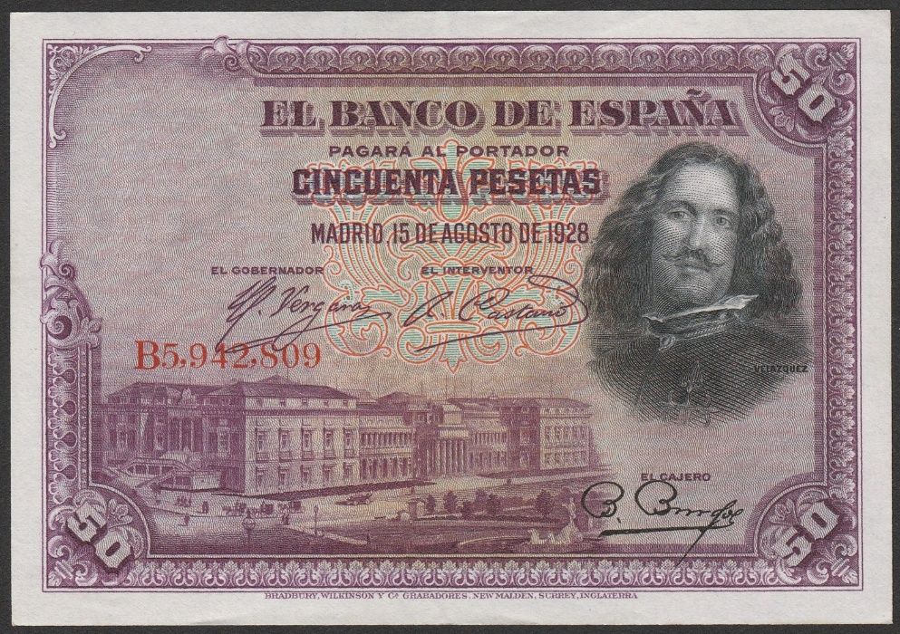 Hiszpania 50 peset 1928 - B5,9 - Velazquez - stan 1/2
