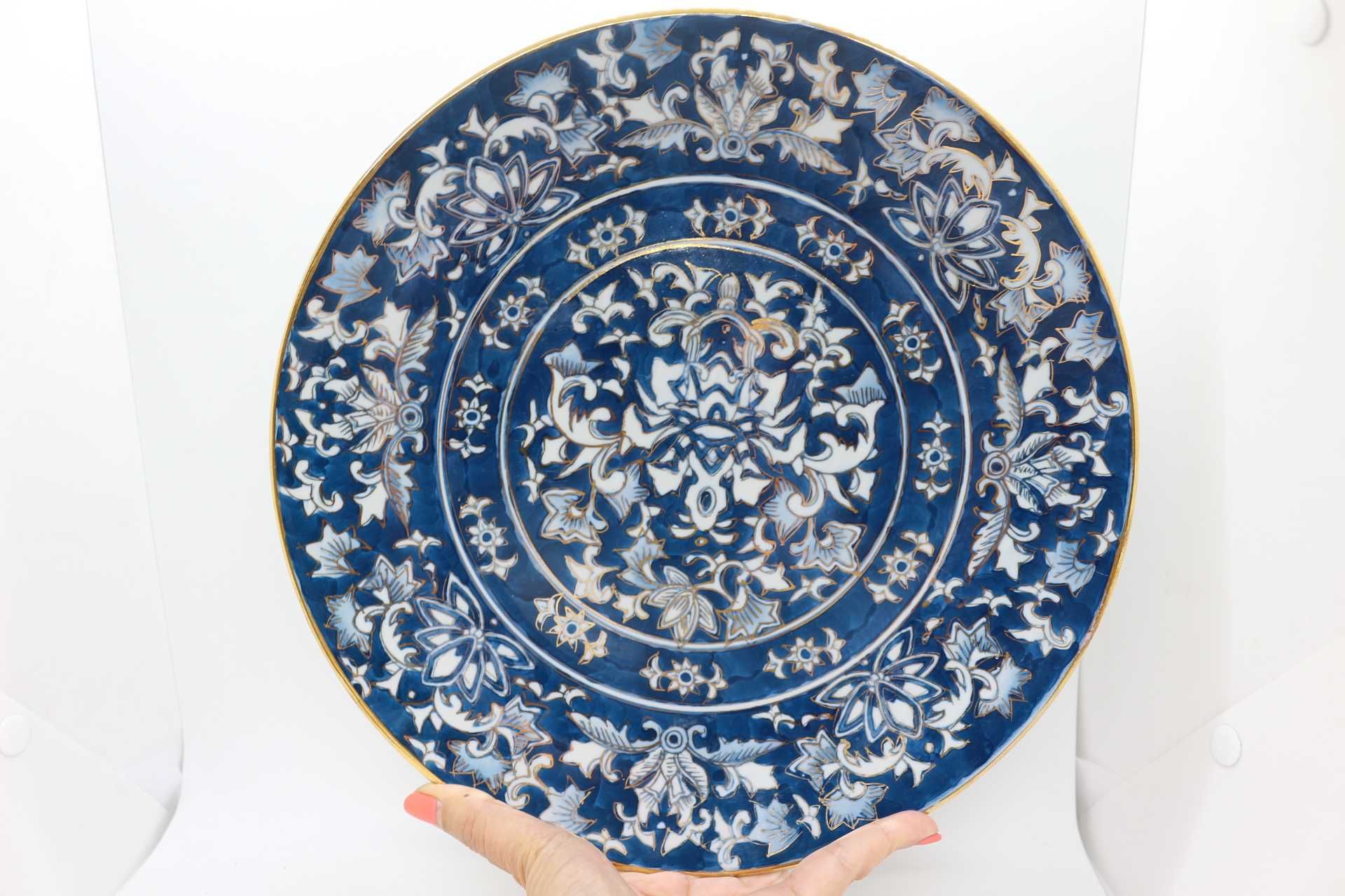 Grande Prato porcelana Chinesa Azul Ouro Floral XX 31cm marcado