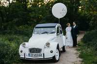 Białe zabytkowe auto, samochód do ślubu Citroen 2CV. Kabriolet.