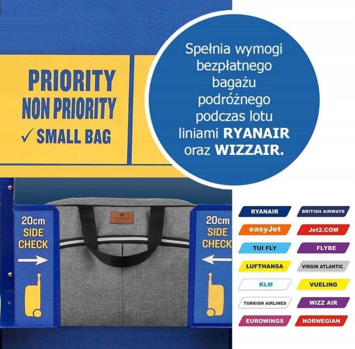 Torba do samolotu bagaż podręczny ryanair 40x25x20 szara nowa solidna