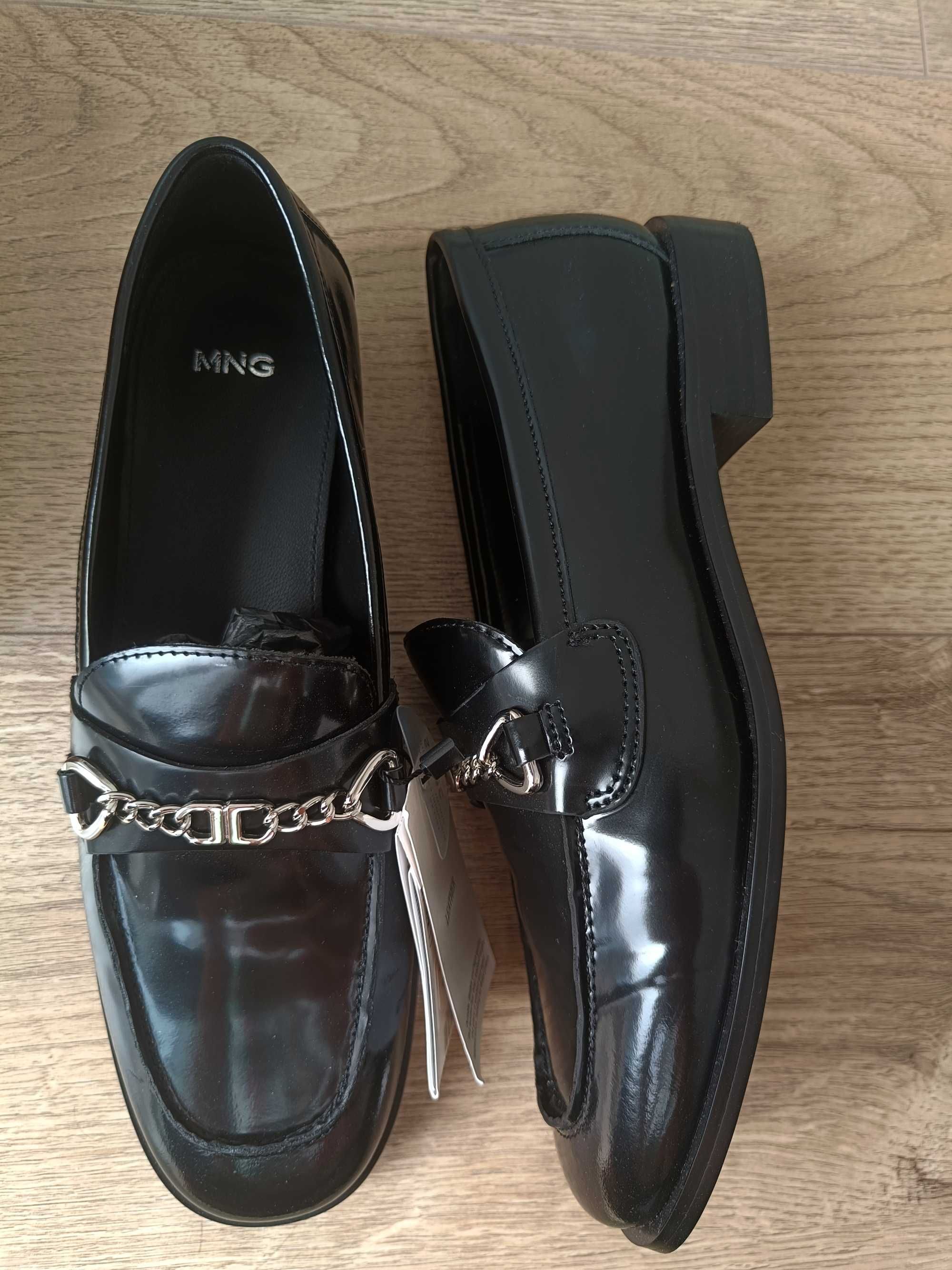 Nowe czarne skórzane półbuty loafersy damskie Mango 37