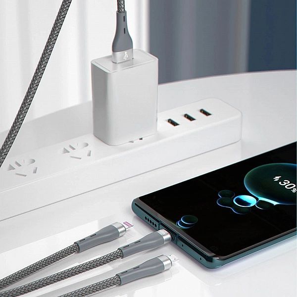 Dudao 3w1 kabel Usb - Lightning / microUSB/ Usb Typ C 65w 1,2m szary (