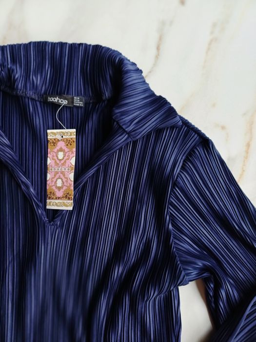 Boohoo granatowa sukienka nowa z metką plisowana elegancka 46