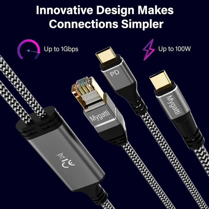 Kabel Ethernet 1 Gb/s +100 W PD do USB-C (3 metry) MacBook, Dell XPS