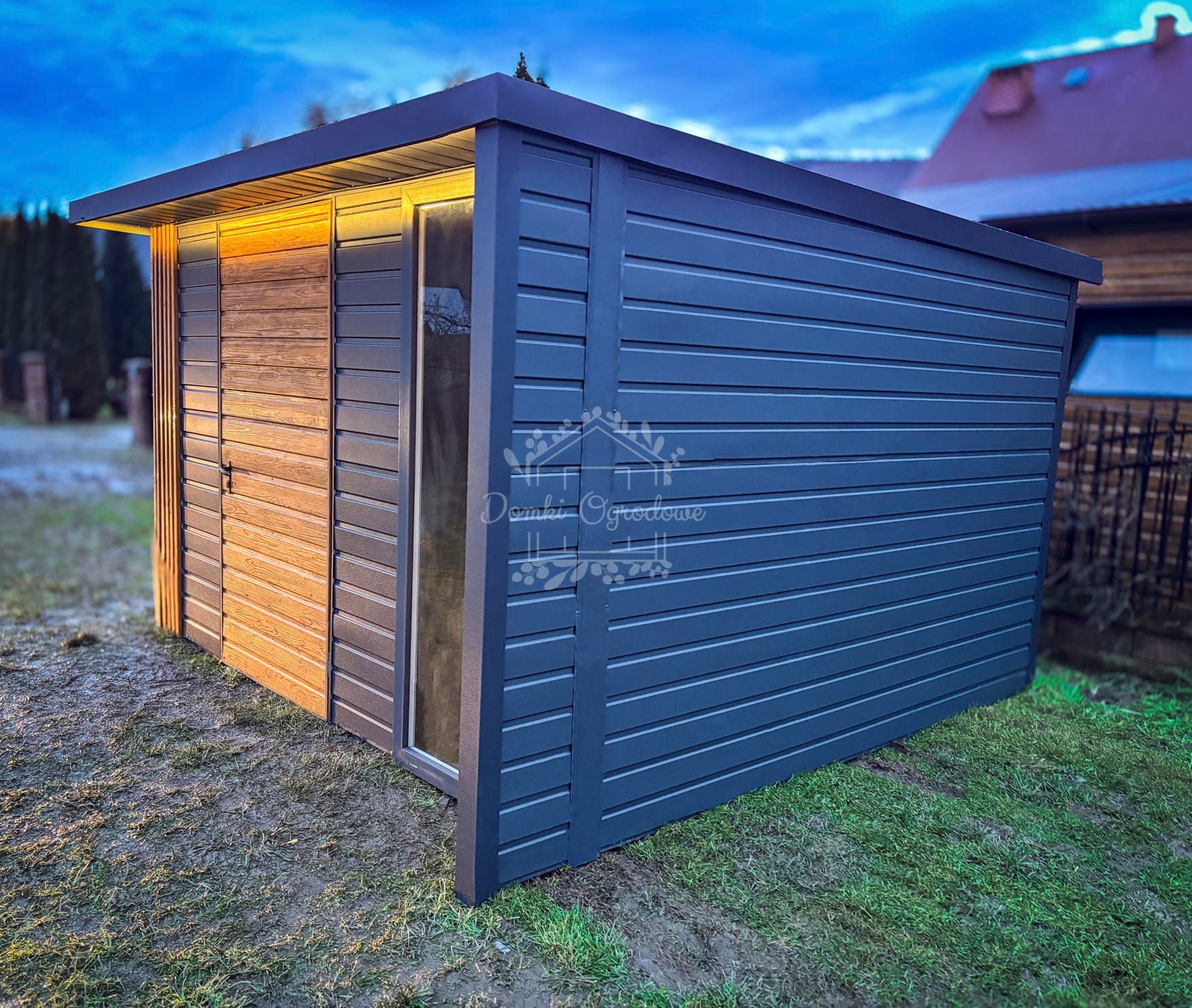 Schowek Domek ogrodowy PREMIUM 3x3m + wiata Dekor z lameli  ID901