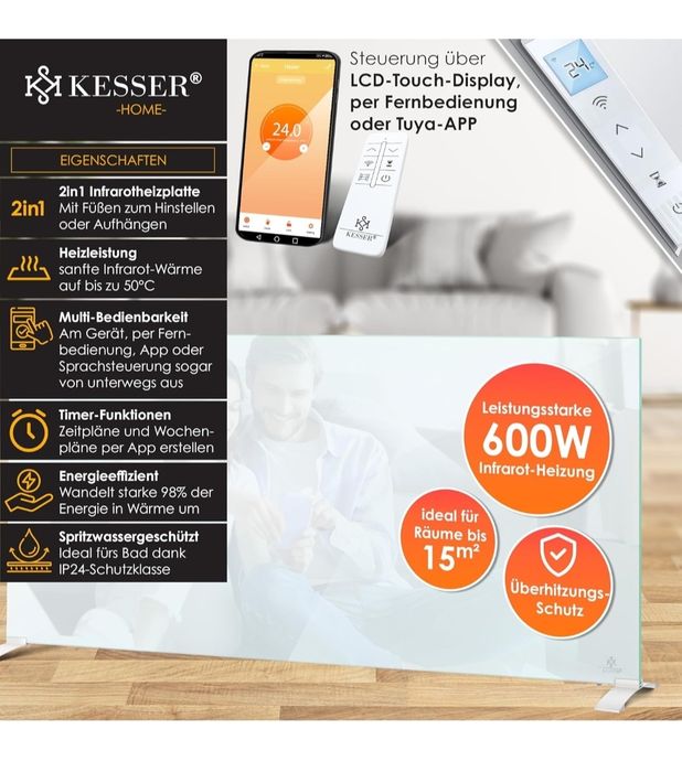 KESSER Grzejnik na podczerwień 600 W, konwektor szklany, 2 w 1