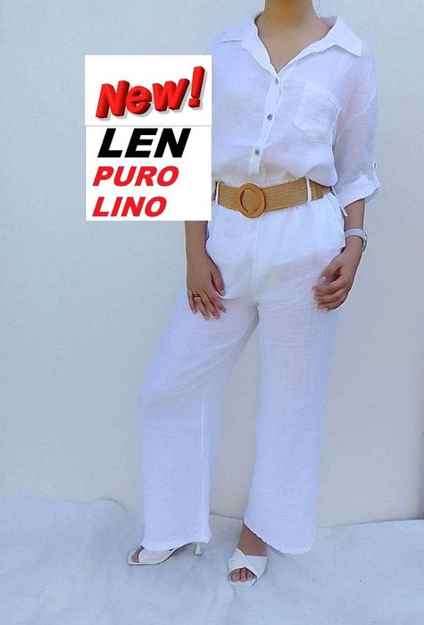 Nowy Lniany komplet szerokie spodnie koszula 100% len puro S M L uni