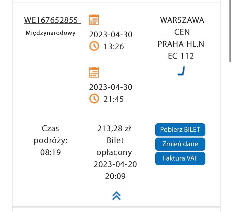 Bilet PKP 30.04 Warszawa - Praga (Czechy)