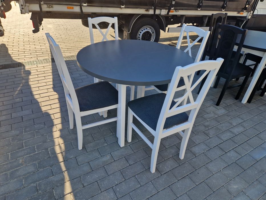 Nowe: Stół okrągły + 4 krzesła, biały/grafit + grafit ( krzyż)