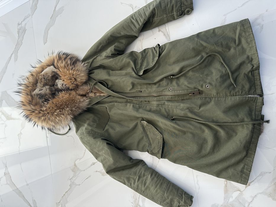Kurtka parka zimowa khaki obszycie jenot w srodku królik rozmiar S