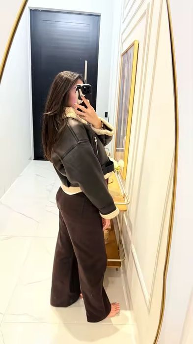 Дубленка zara короткая зимняя дубленка авиатор оверсайзд дубльонка мех