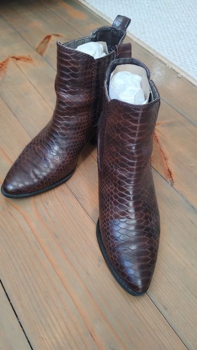 Botki kowbojki wężowy wzór, brąz, czekolada, botki na wygodnym obcasie