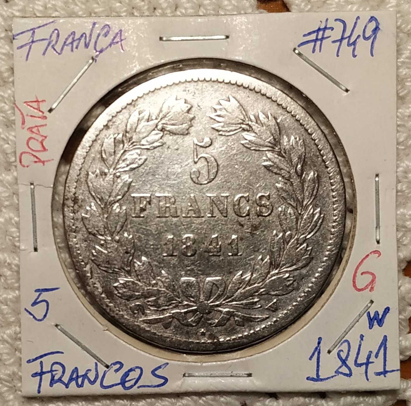 França - moeda em prata de 5 francos de 1841 w