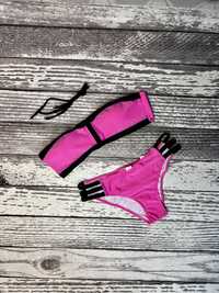 Strój kąpielowy bikini róż lamówka czarna zip XL i L