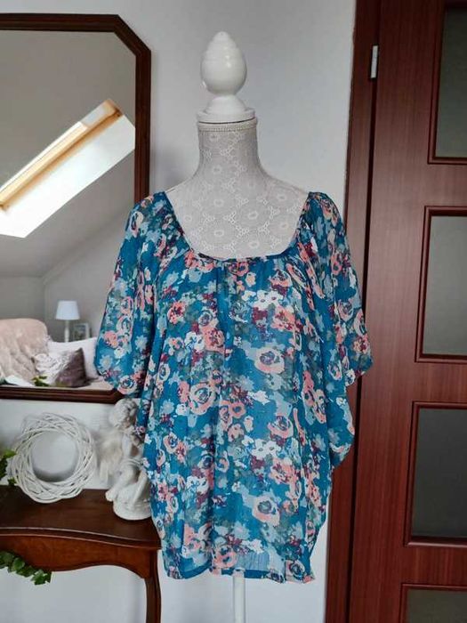 Bluzka mgiełka kwiaty kwiatki flowers niebieska 36 38 S M Inedita