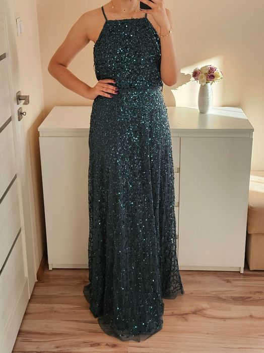 Sukienka maxi tiulowa maya deluxe 42 XL butelkowa zieleń cekiny wesele