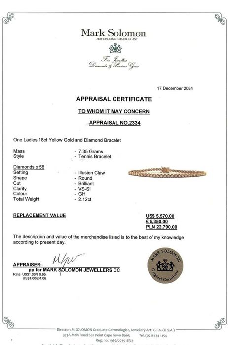 Złota bransoletka Tenisówka Diamenty 58szt 2,12ct Pr.750 W:7,35gr 18cm