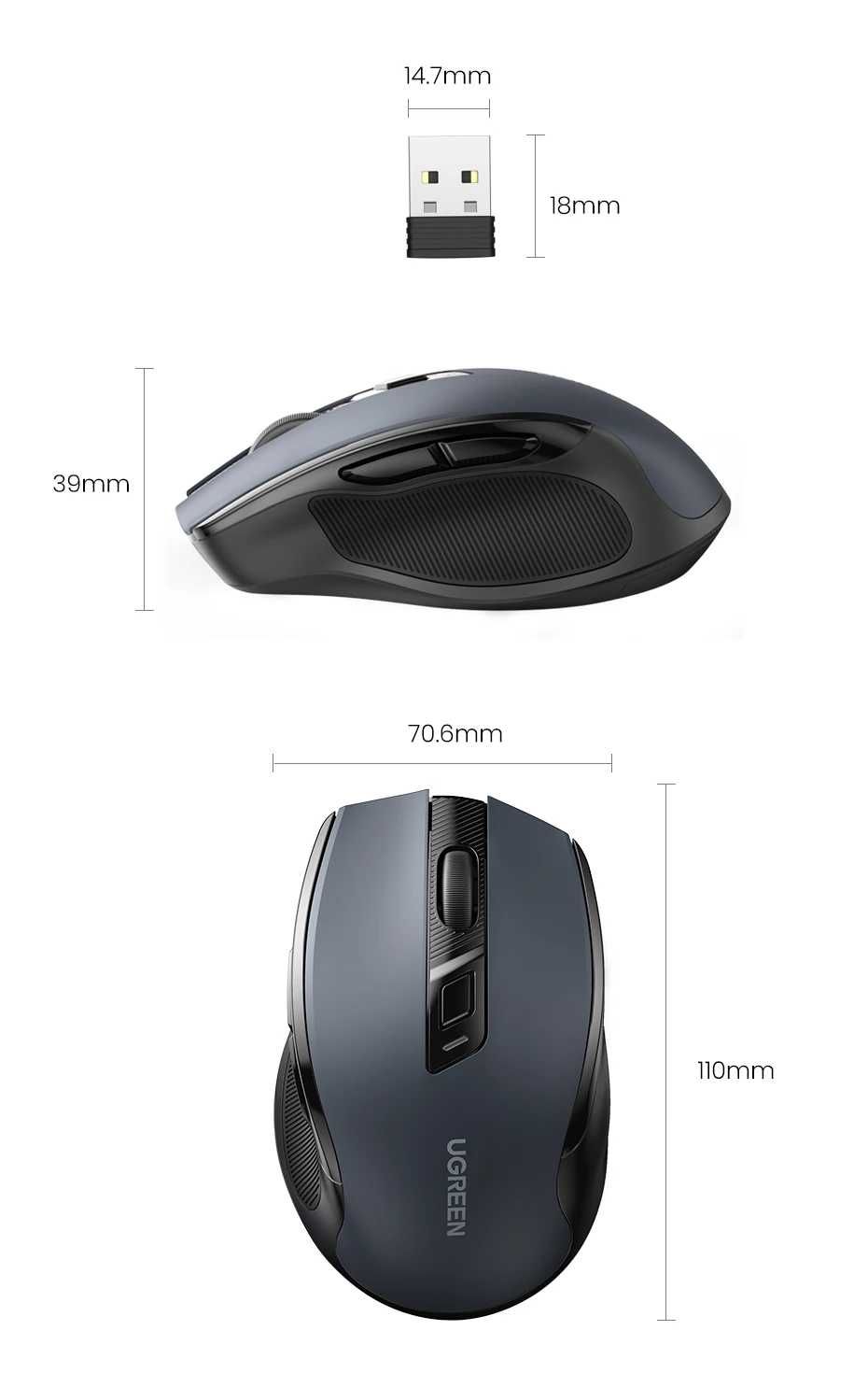 Безшумна безпровідна миша UGREEN MU006 2.4G Ergonomic Wireless Mouse