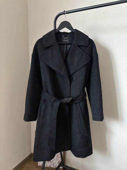 Guess oryginalny płaszcz damski midi obersize czerny wełniany L XL