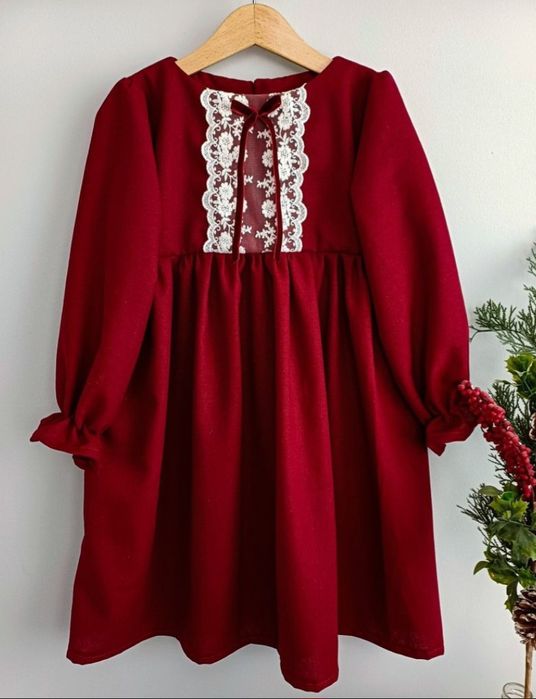 Sukienka lniana bordowa 110 116 święta sesja świąteczna unikatowa