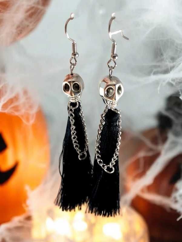 Kolczyki damskie na halloween długie wiszące czarne czaszki