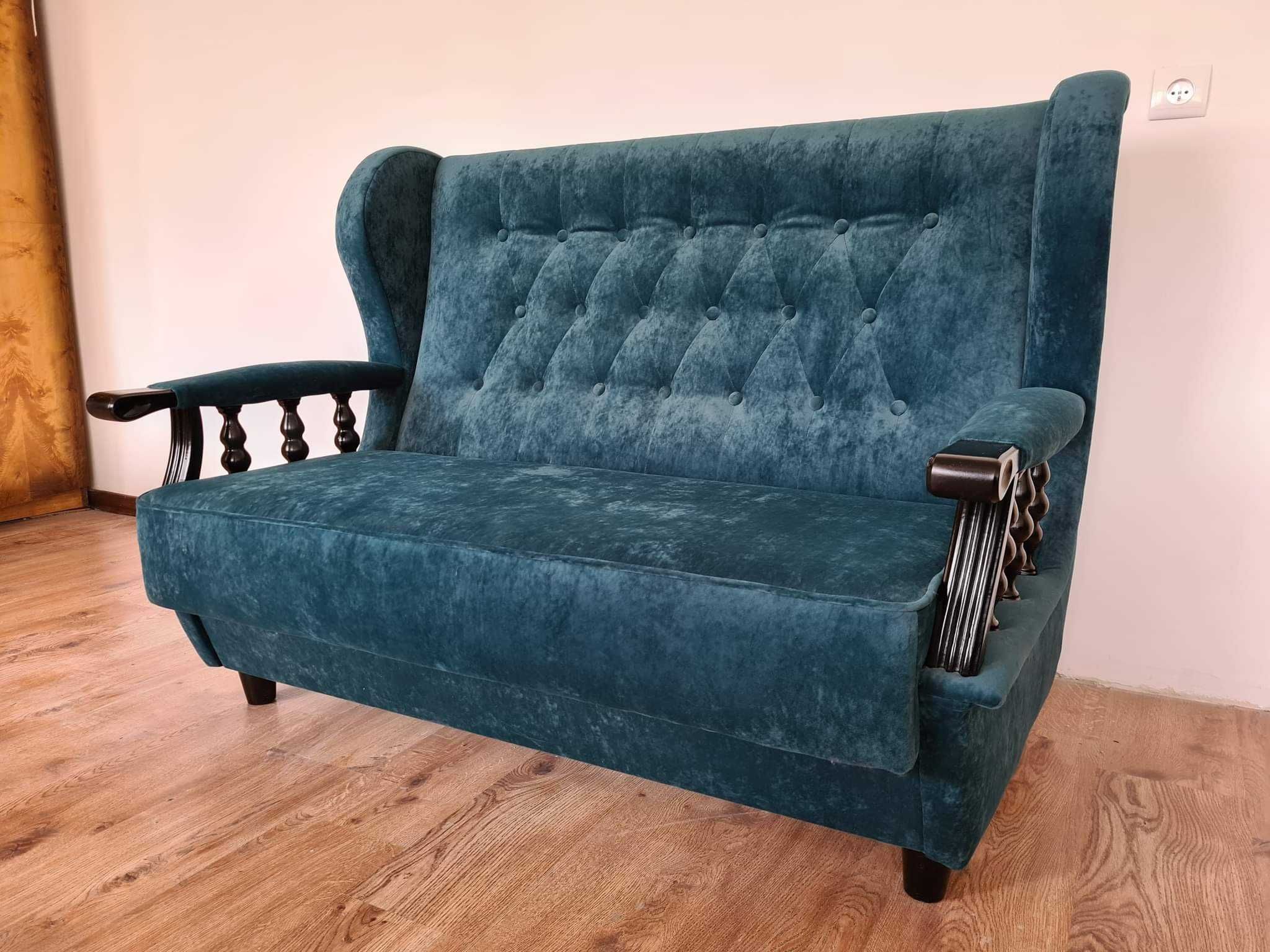 Sofa + Fotele welurowe butelkowa zieleń lata 80.