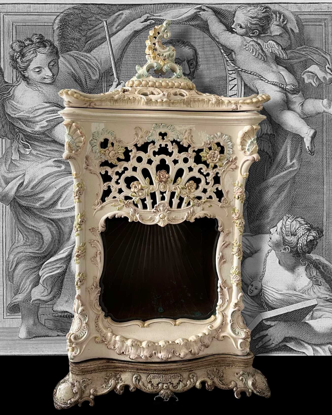 Majolika, kominek Mettlach - Villeroy & Boch z ok. 1890 roku