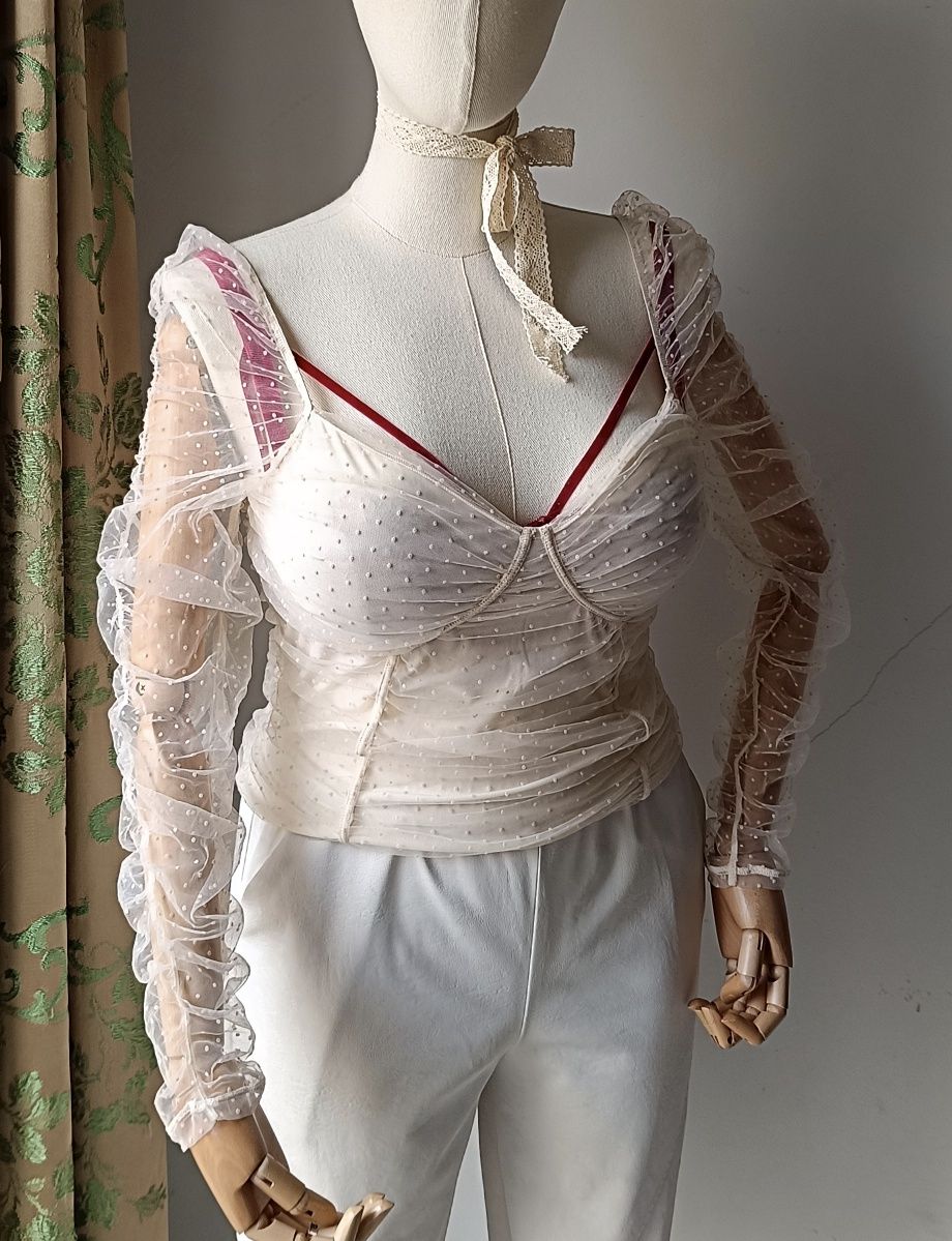 H&M bluzka biust 44,5-51x2 lolita kokietka baby doll tiul kropki krem