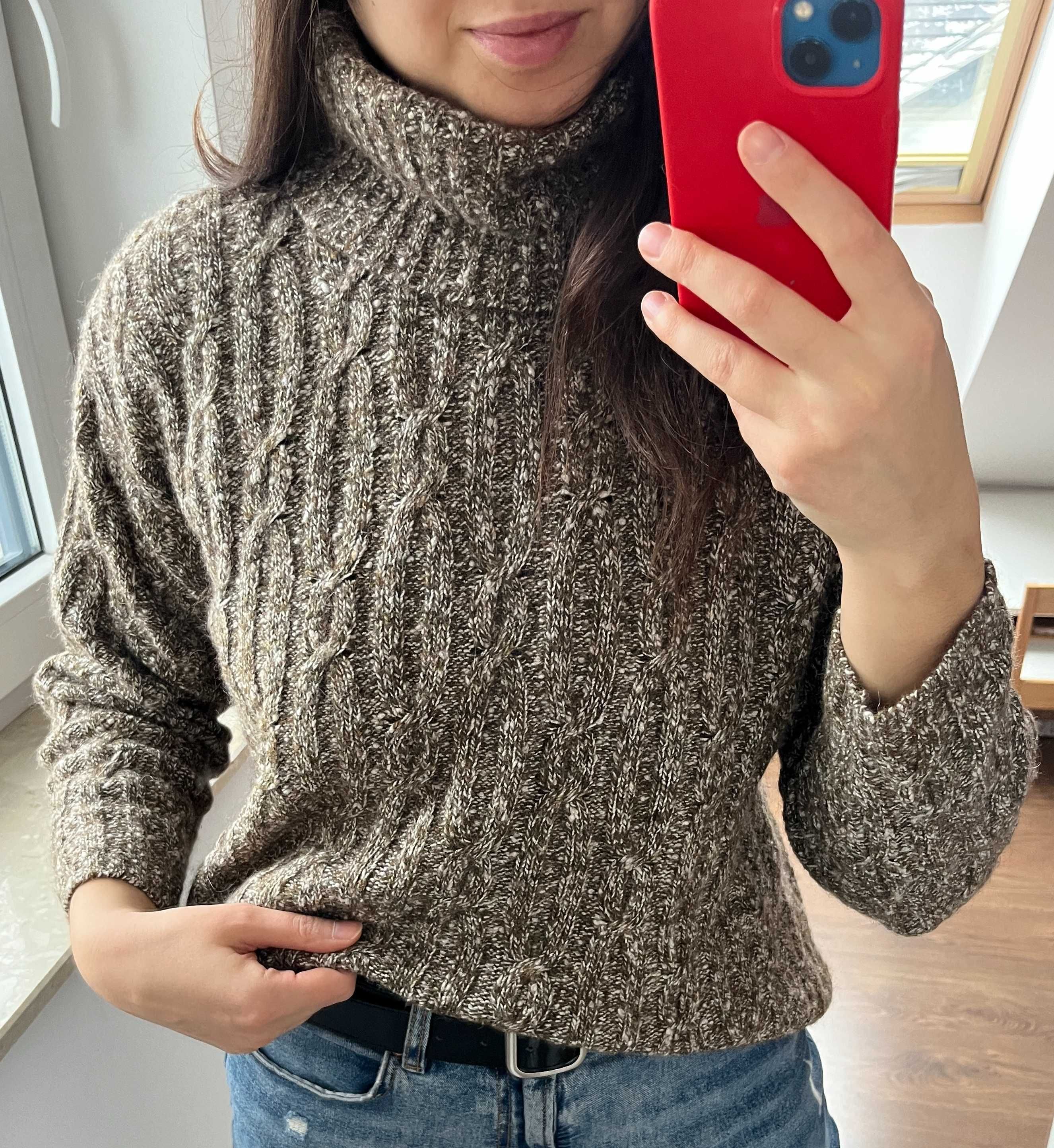 Wełniany vintage sweter z golfem, rozmiar L Gruby, ciepły sweter