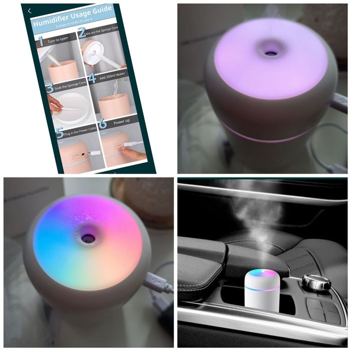 Компактный увлажнитель воздуха с подсветкой в авто USB ультразвуковой