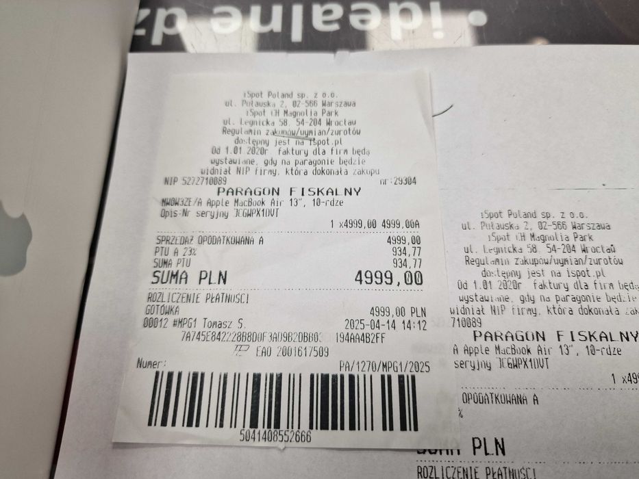Macbook Air 13 2025/ M4/ 16GB/ 256GB/ Silver/ Grade A/ 17 cykli z iSpo