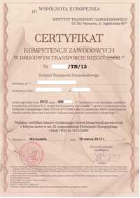 Certyfikat kompetencji zawodowej licencja transportowa FAKTURA