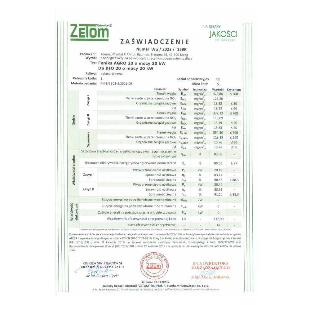 Kocioł do spalania drewna Feniks AGRO 20kW ECODESIGN 5 Klasa Lista ZUM