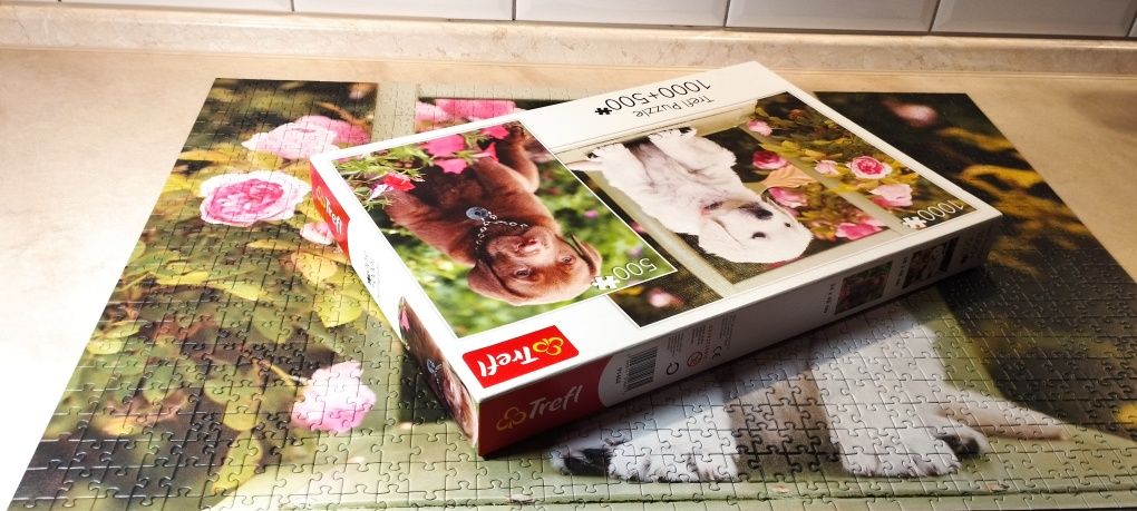 Puzzle 2w1 Trefl 1000 + 500 elementów Psy Szczeniaki Nowe kompletne
