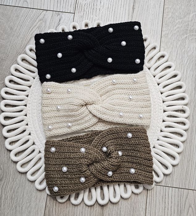 Zestaw 3 ciepłych opasek z perełkami jesienne zimowe elastyczne