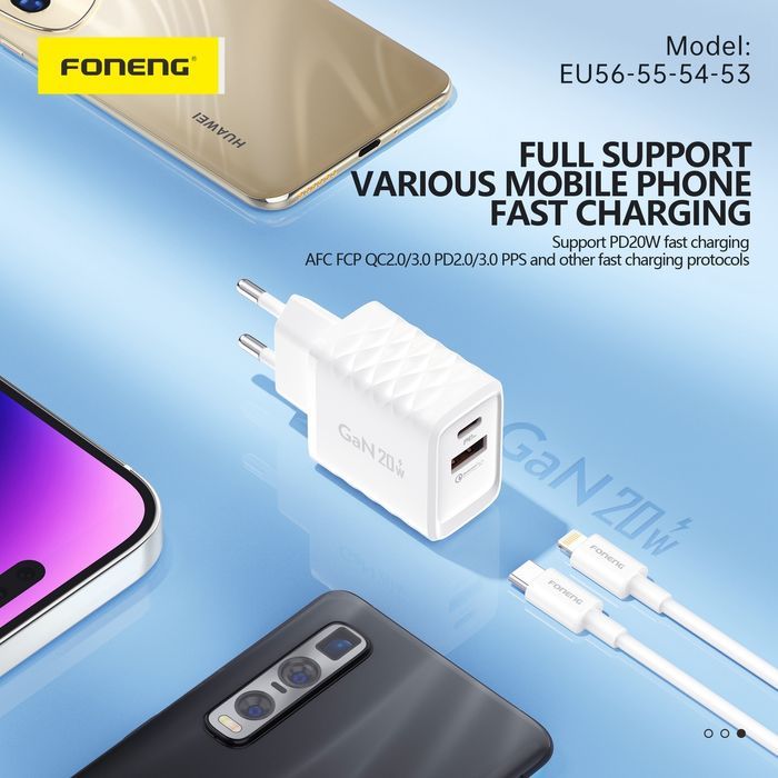 Foneng Ładowarka Sieciowa Eu56 Gan - Usb + Typ C - Qc 3.0 Pd 20W Biała
