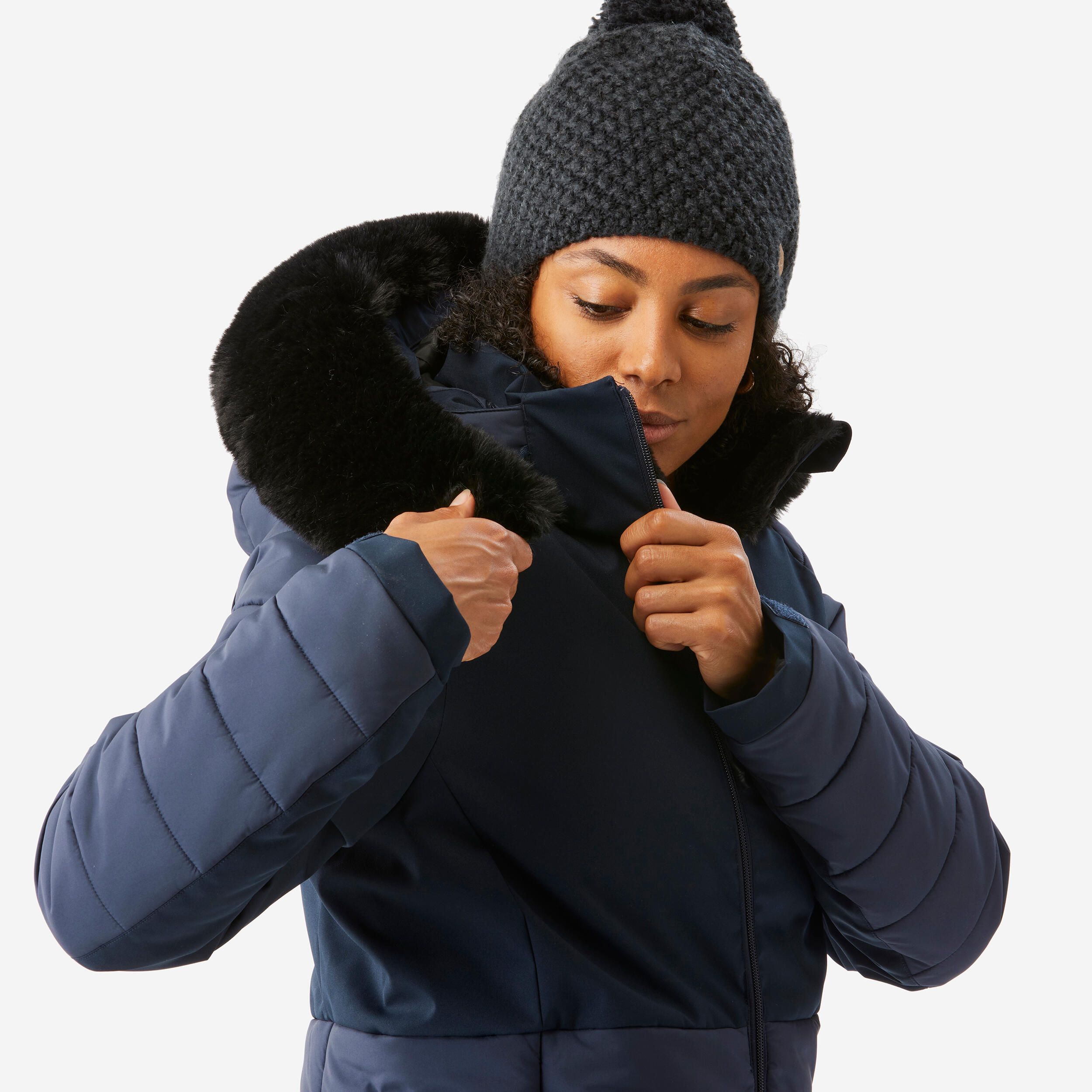 Casaco de ski quente meio-comprido mulher, 100 azul marinho