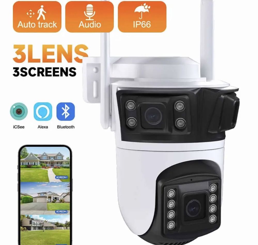 Камера Уличная WiFi IP ICSee камера 12MP 3 объектива Zoom видеокамера
