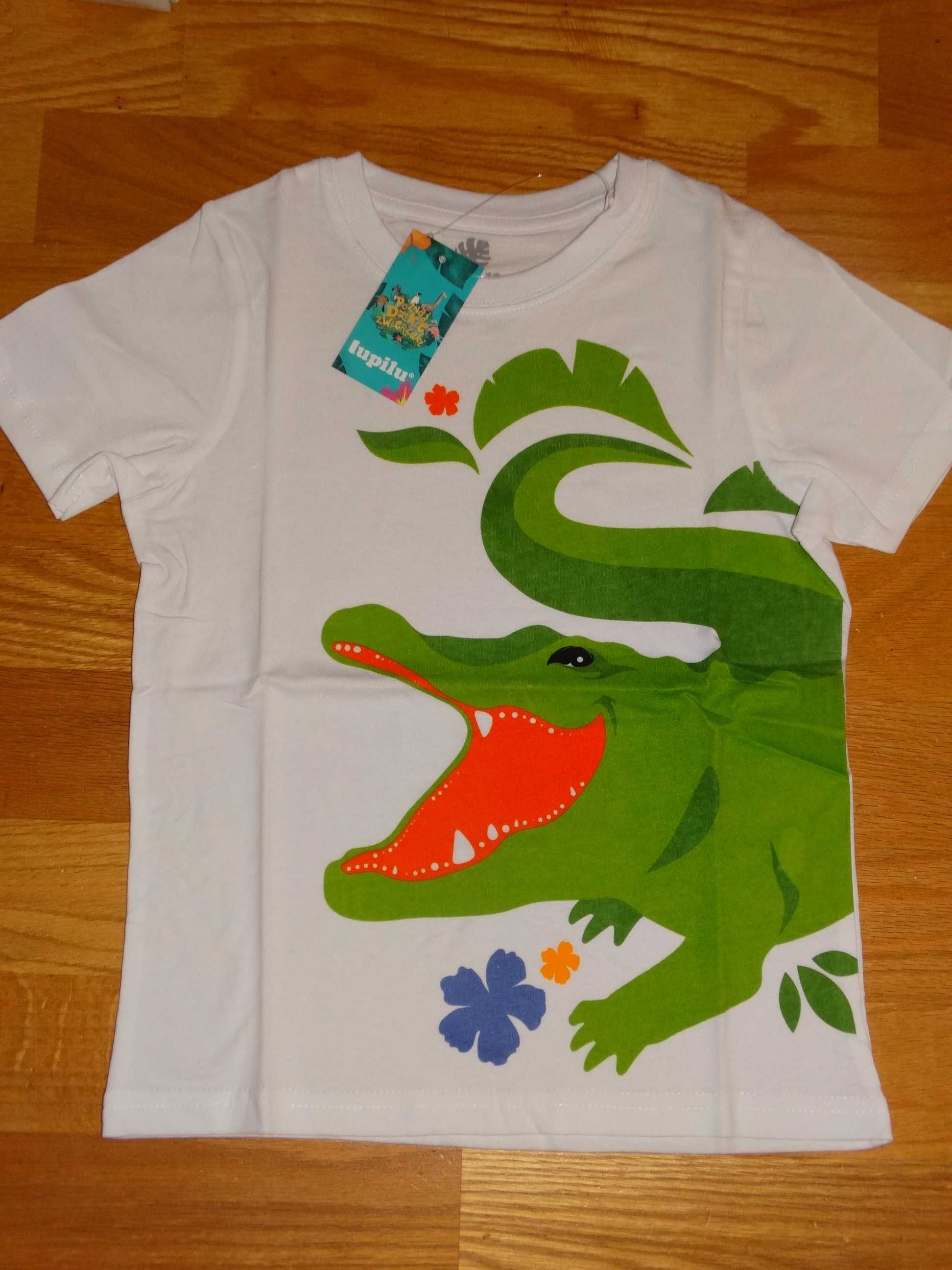 Koszulka biała T-shirt dziecięcy krokodyl krótki rękaw 110/116 Lupilu