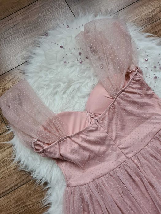 XA44 sukienka rozkloszowana z tiulem M księżniczka pudrowy róż balowa