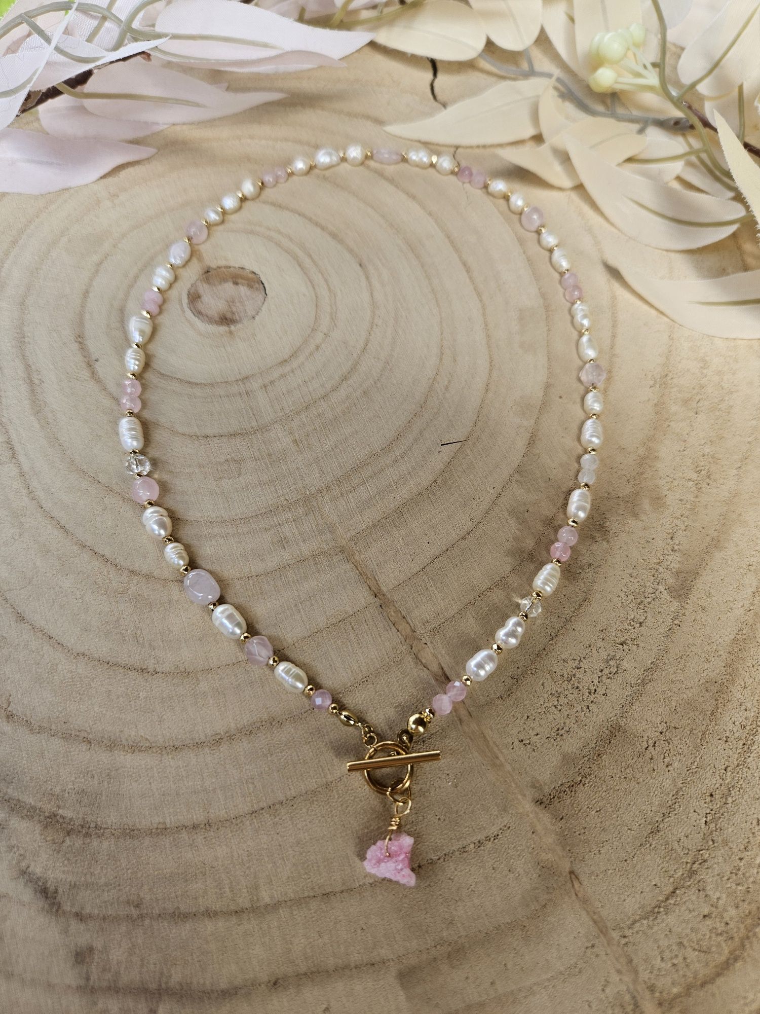 Naszyjnik Choker kamienie naturalne Perły Naturalne Kwarc Różowy Agat