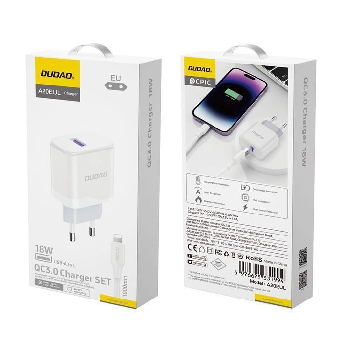 Ładowarka sieciowa Dudao USB-A 18W - biała + kabel USB - Lightning