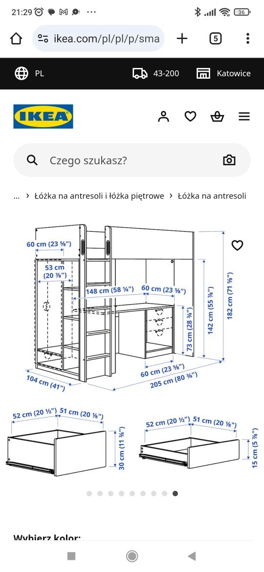 Łóżko piętrowe z biurkiem Ikea smastad