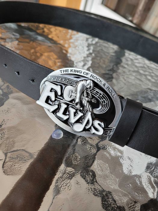 Czarny męski skórzany pasek ręcznie robiony z klamrą Elvis